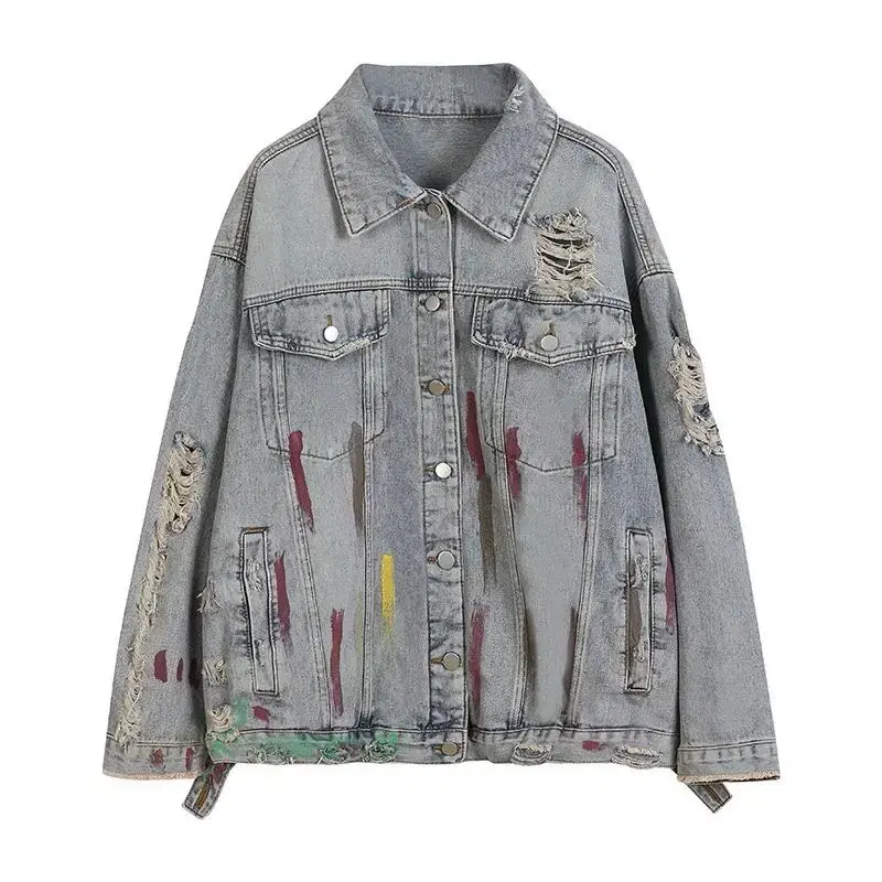 Damage-Painted Overfit Jeans Jacket