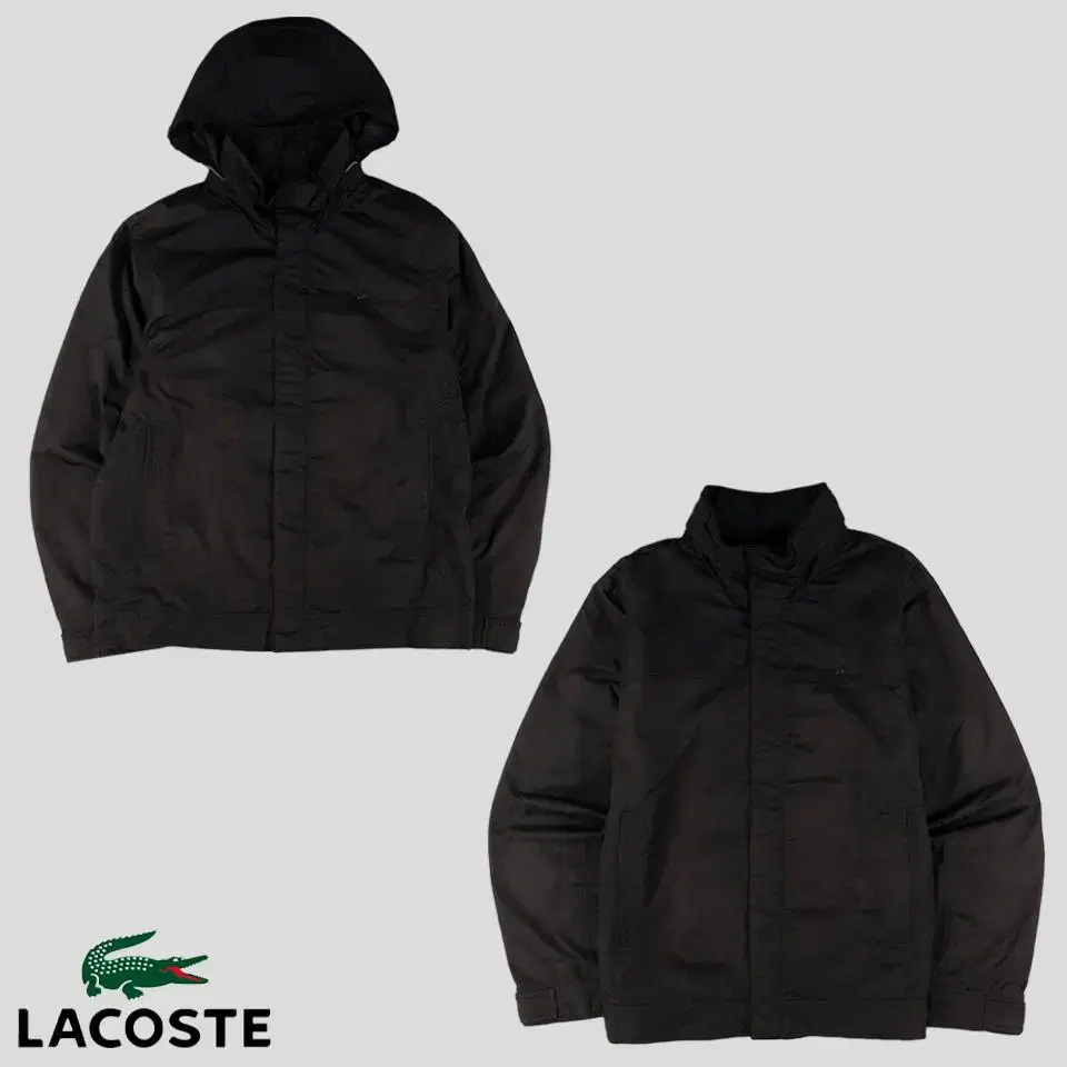 Lacoste Black tonal glossy logo hidden hood simple casual poly casual jacket L