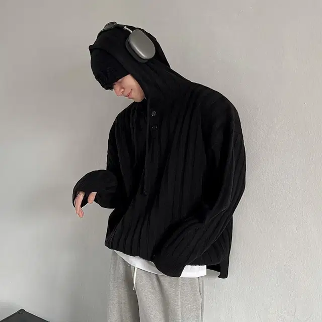 Ribbed hood warmer knit 남자 오버핏 후드티 워머 니트