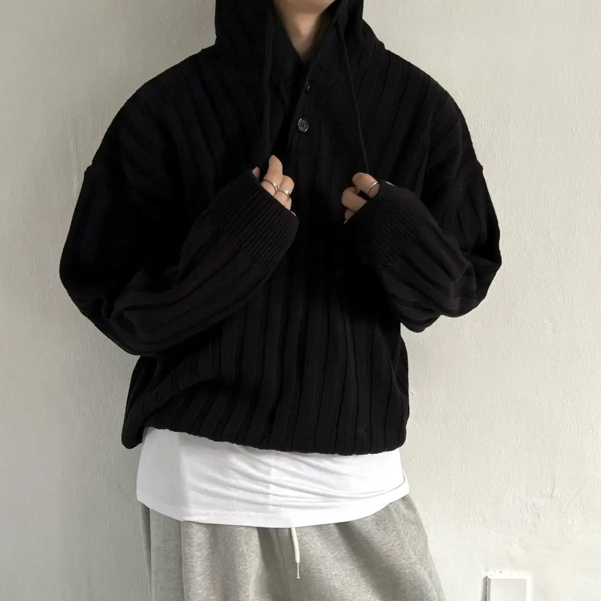 Ribbed hood warmer knit 남자 오버핏 후드티 워머 니트