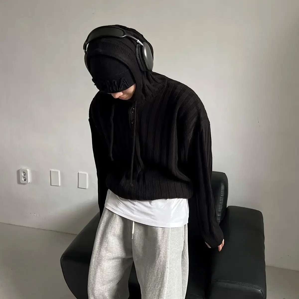 Ribbed hood warmer knit 남자 오버핏 후드티 워머 니트