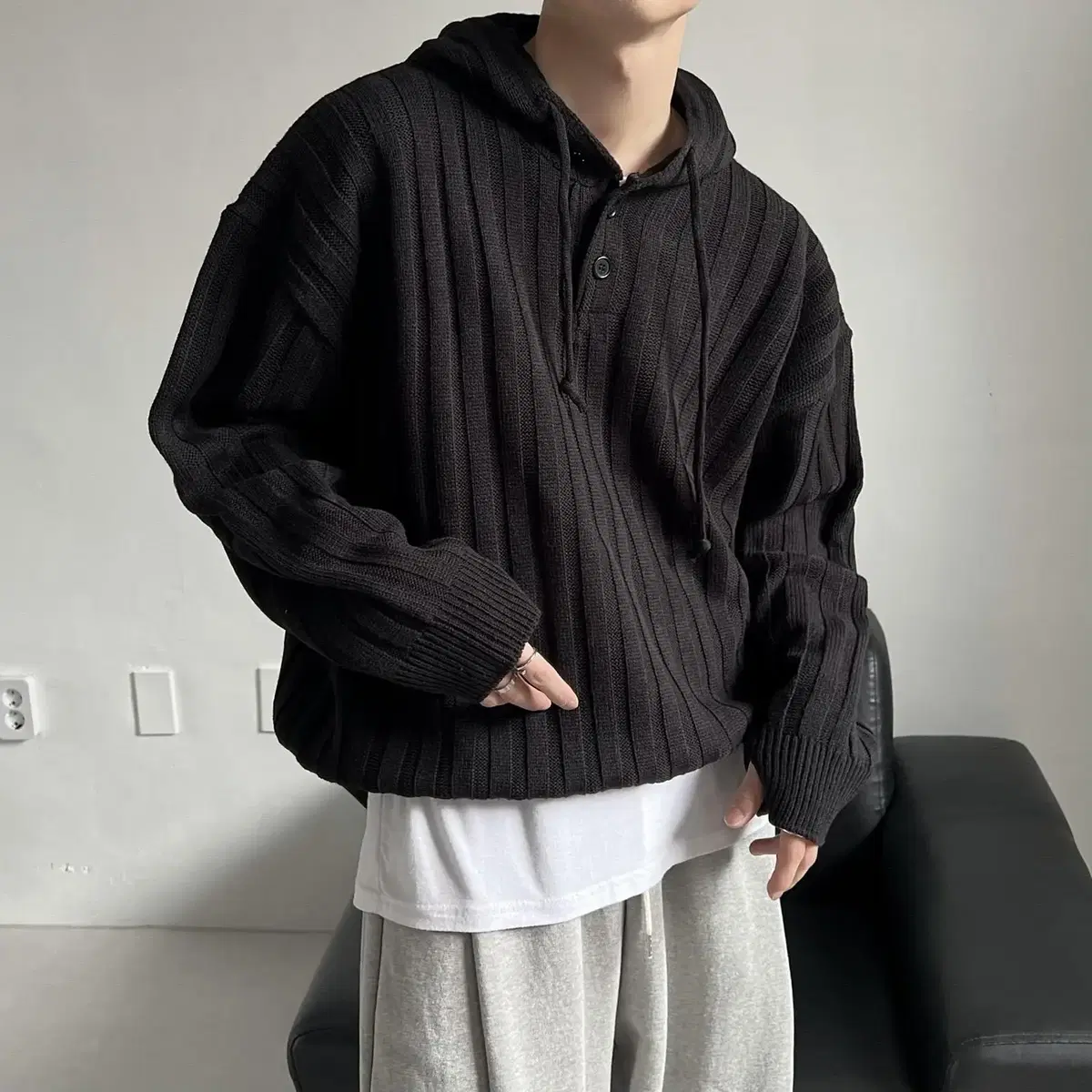 Ribbed hood warmer knit 남자 오버핏 후드티 워머 니트