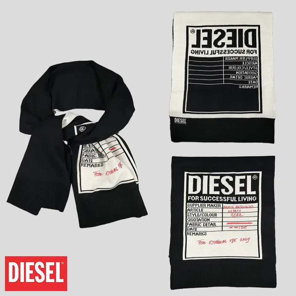 DIESEL 디젤 블랙 화이트 박스패턴 레드 프린팅 아크릴 논테슬 머플러