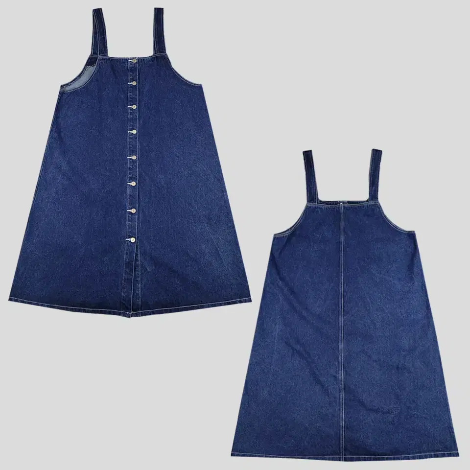 Vintage jin jean-washed indigo button overfit A-line sleeveless sleeveless suspenders long dress