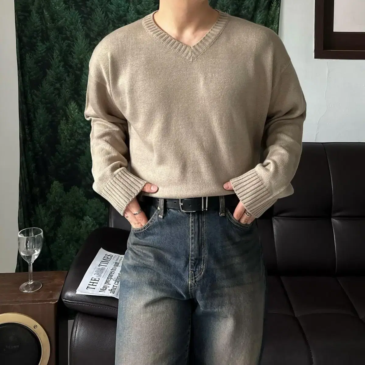 Overfit v-neck knit 남자 오버핏 브이넥 니트 긴팔 티셔츠