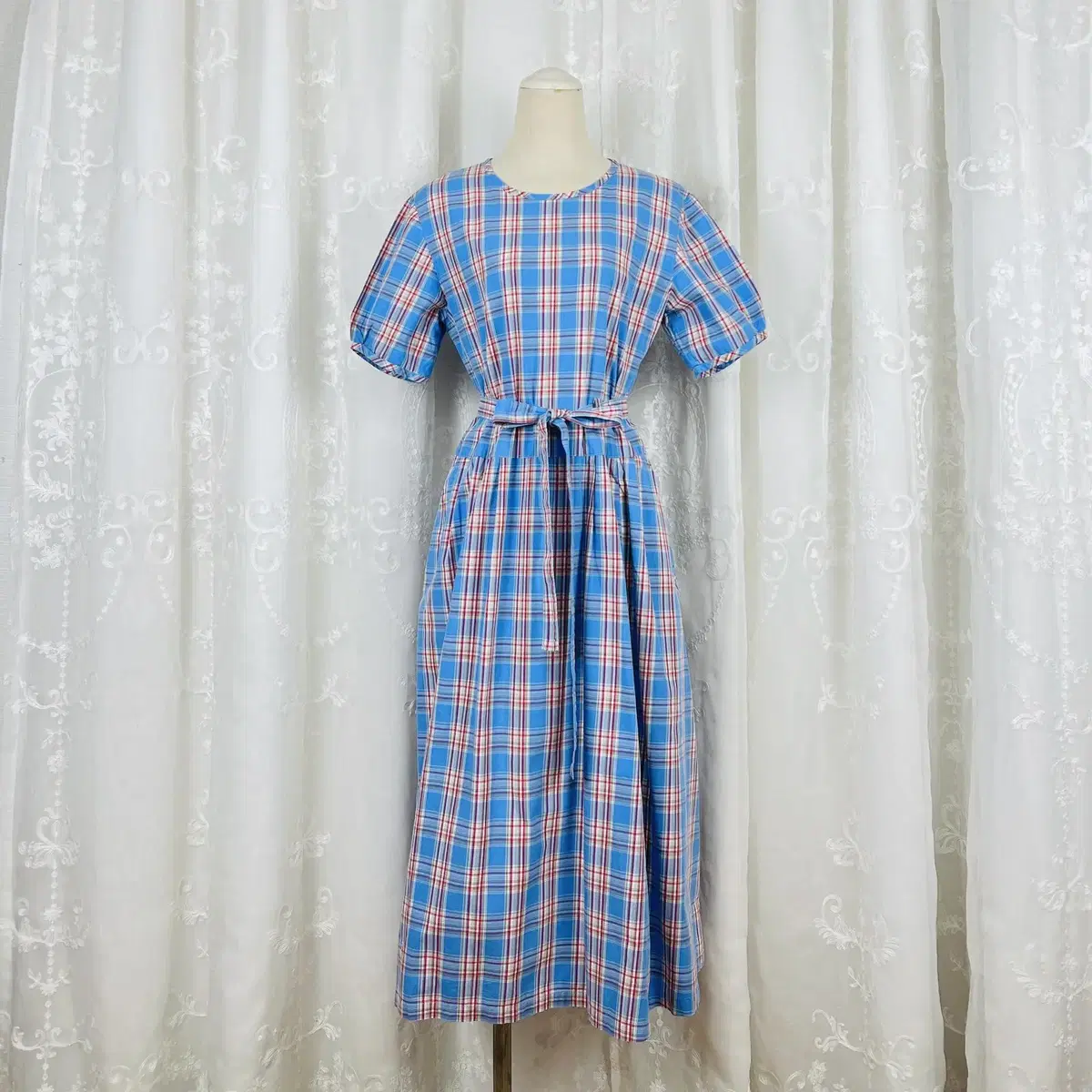 NO.2121 Light blue check daily short sleeve ONEPIECE