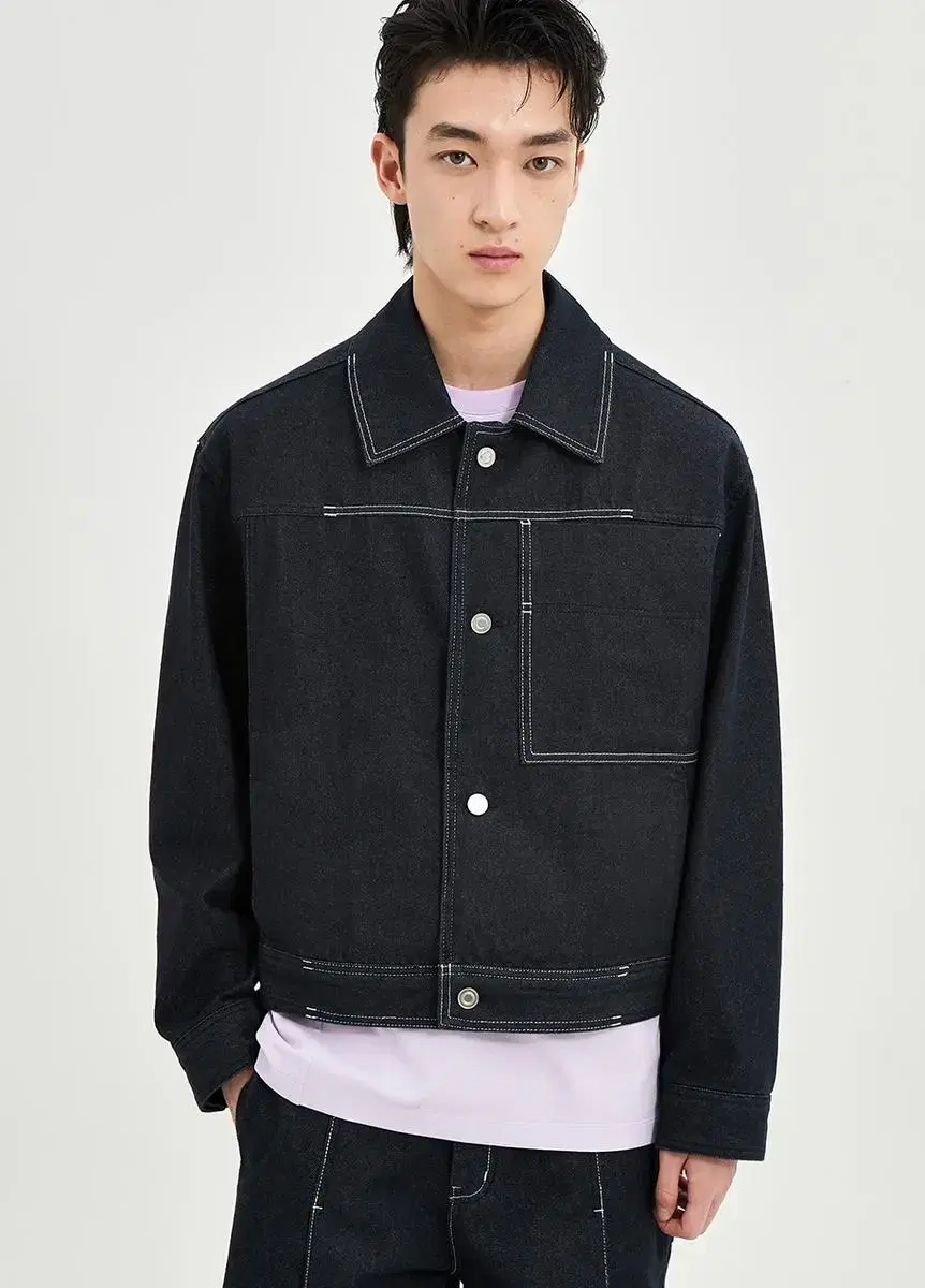 [M] New Arrivals Xen Colorblocked Stitched Overfit Denim Trucker Raw Edge Jacket