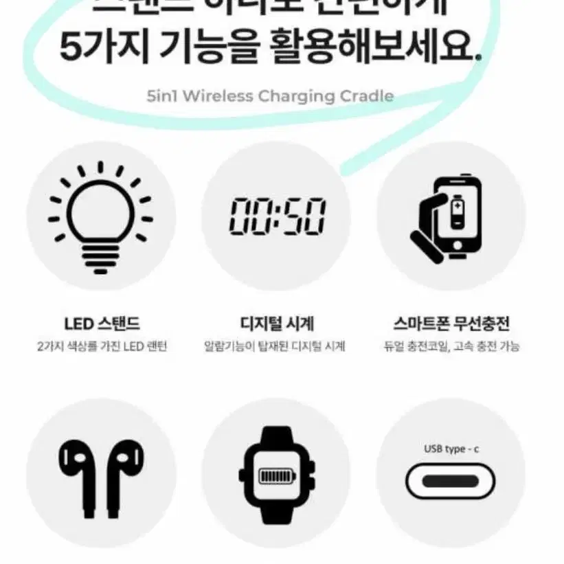 액센 A150 5IN1 무선 멀티 충전기 시계 LED 스탠드 블랙 15W