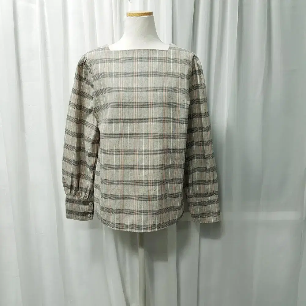 Vintage check pattern square neck loose-fitting European-style long-sleeved blouse Women's F A1101