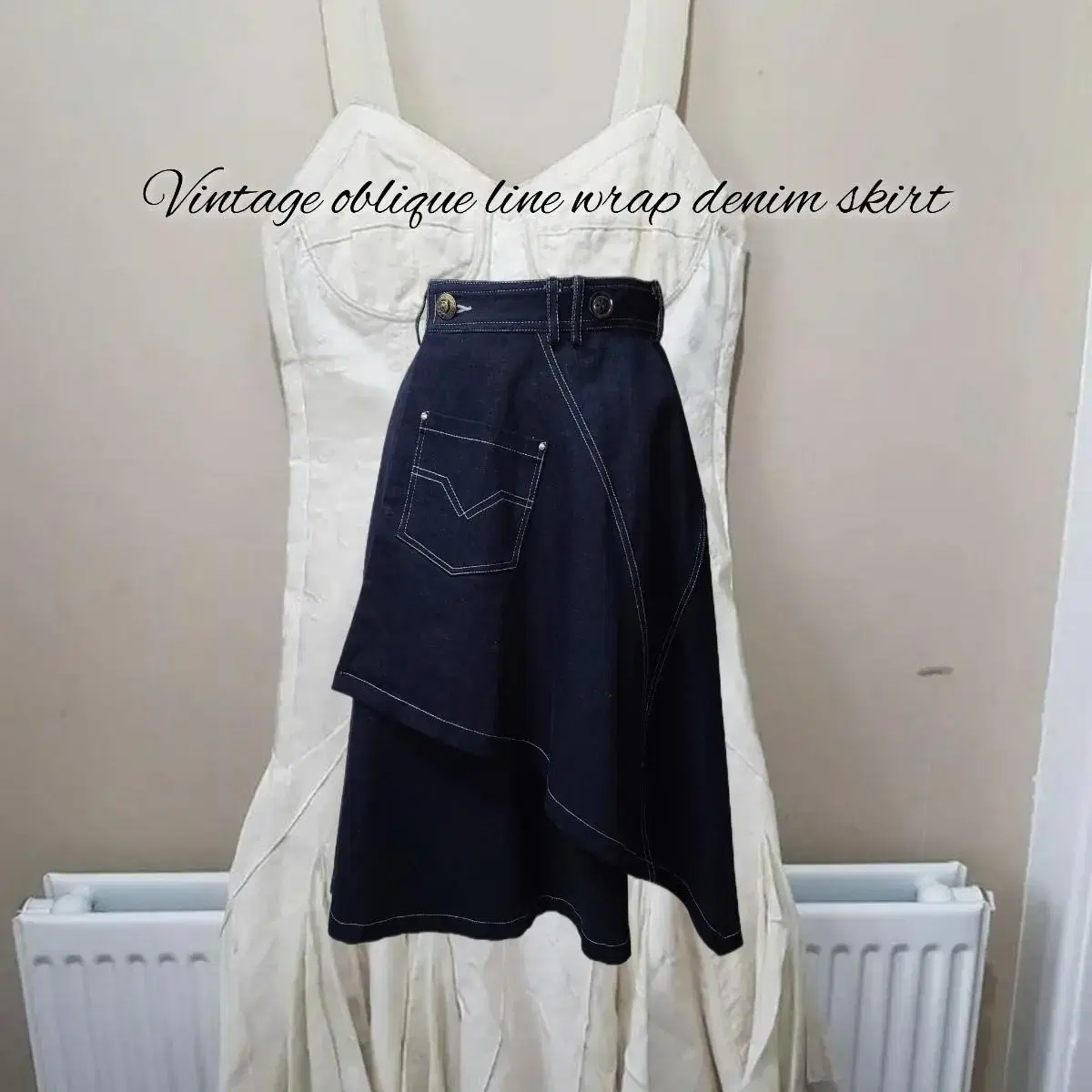 Vintage oblique line wrap denim skirt