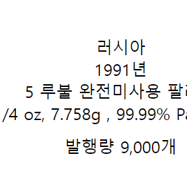 러시아 1991년 5 루불 완전미사용 팔라듐