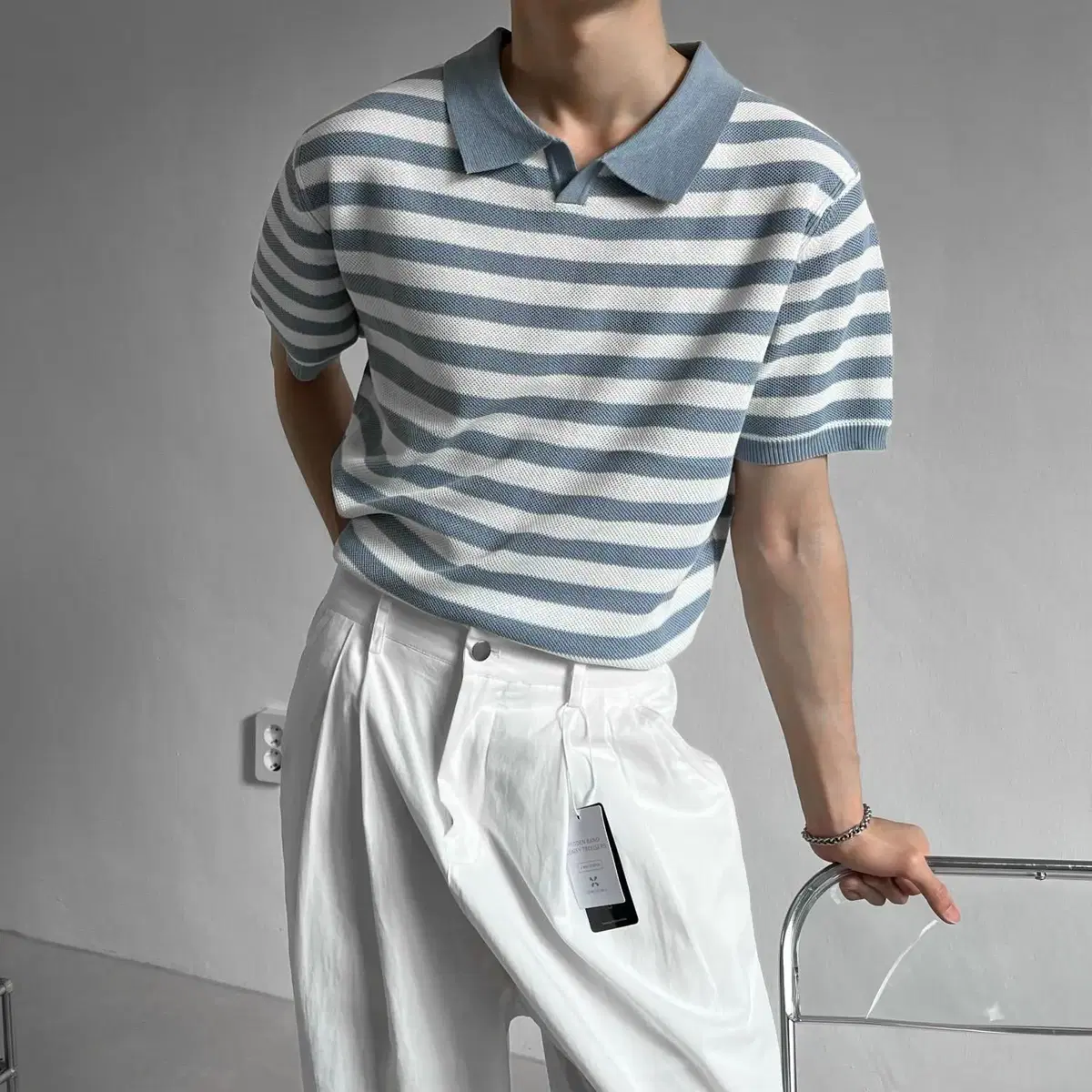 Washable stripe knit 남자 오픈카라 스트라이프 반팔 니트