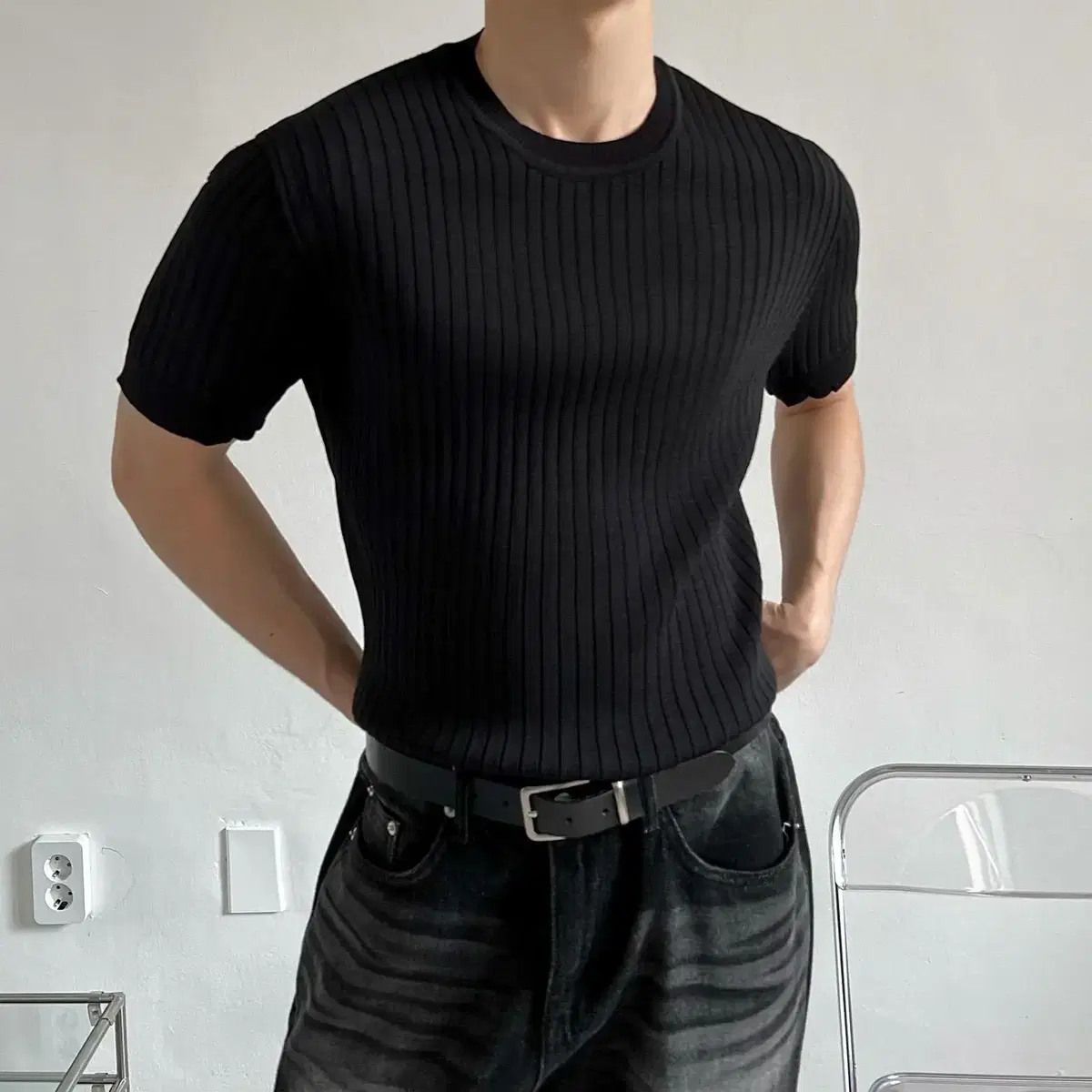 Round ribbed knit 남자 라운드 골지 니트 반팔 머슬핏