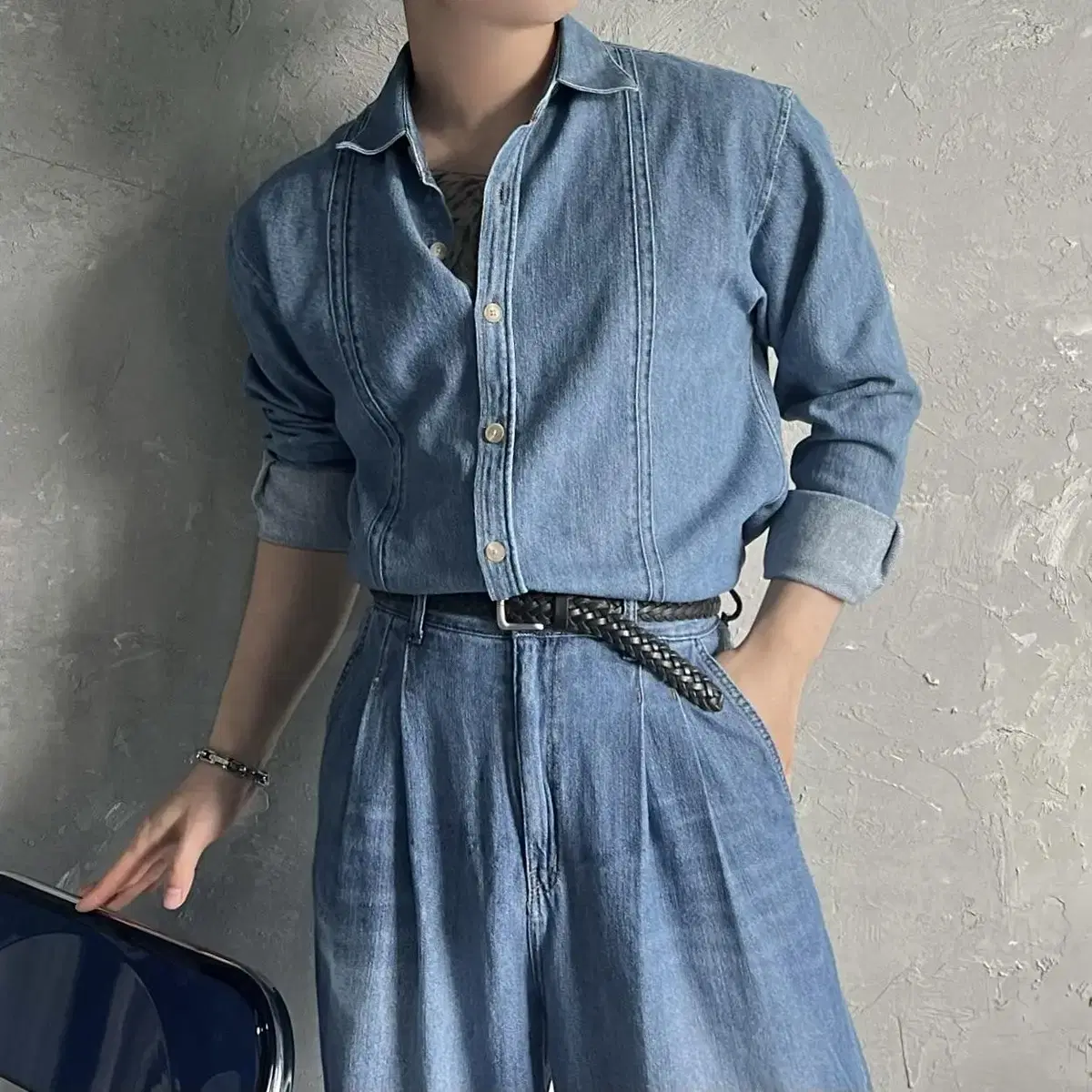 Medium blue shirts 남자 청 셋업 긴팔 셔츠 중청 남방