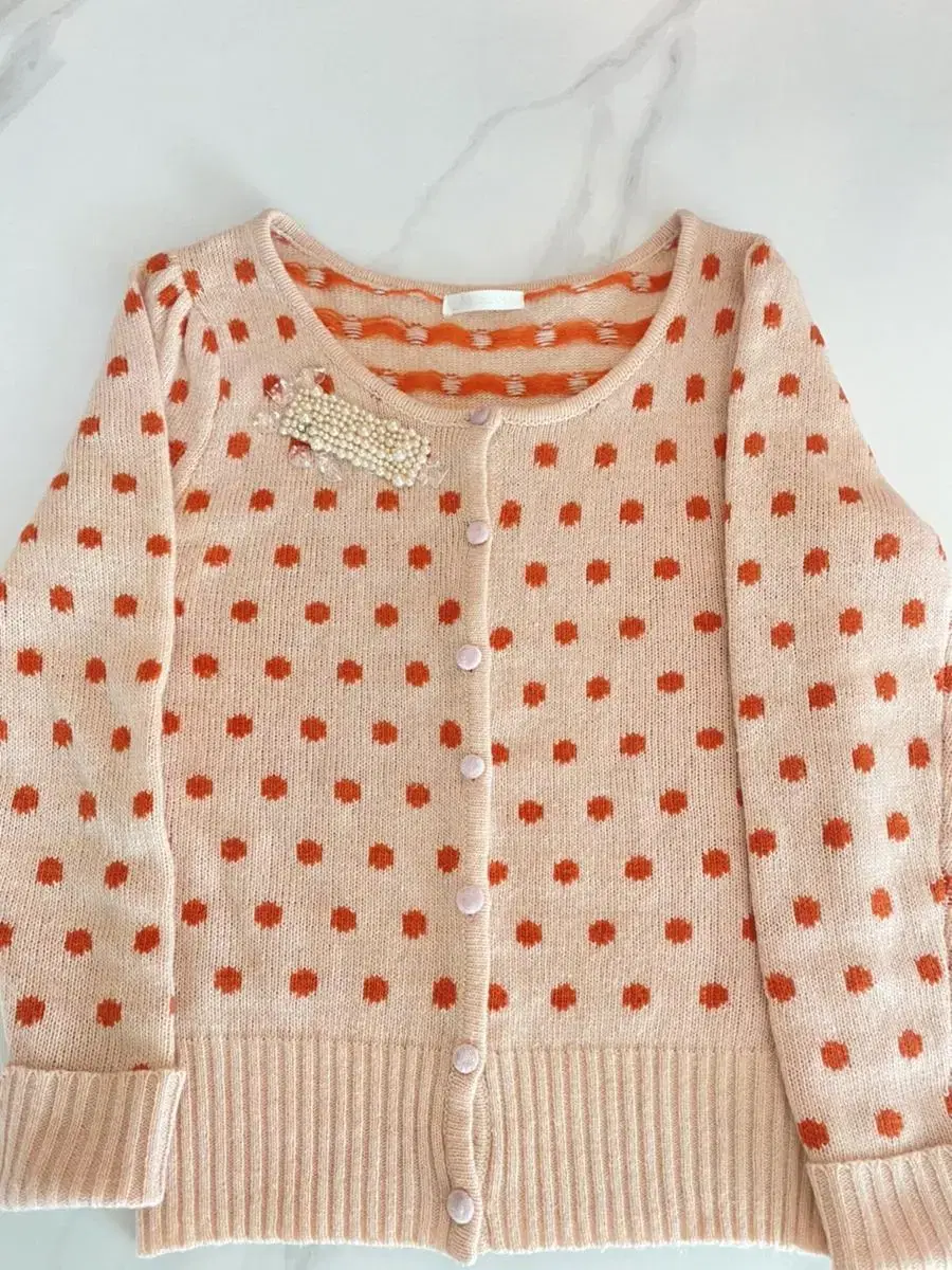 Pink polka dot beaded knit cardigan