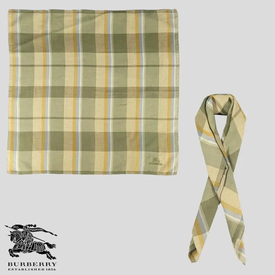 Burberry Green Tone Knight Logo Check Pattern Cotton Handkerchief Petite Scarf