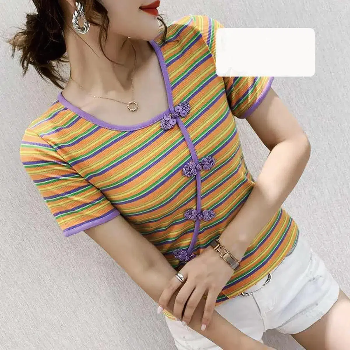 China Button Stripe Ribbed Crop Short Sleeve Knit Tee