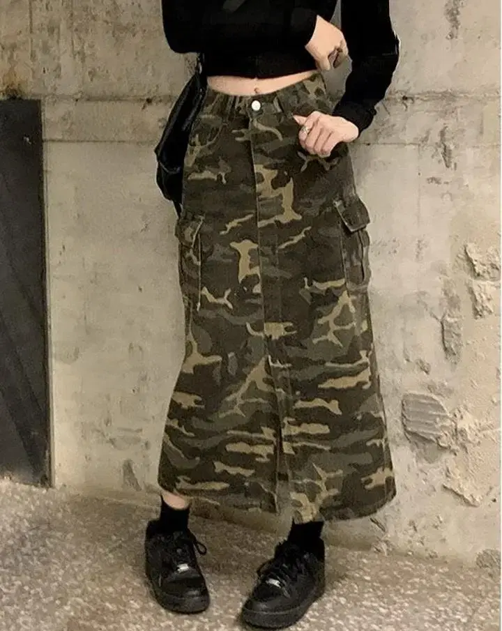 Y2K front slit military camo cargo long skirt