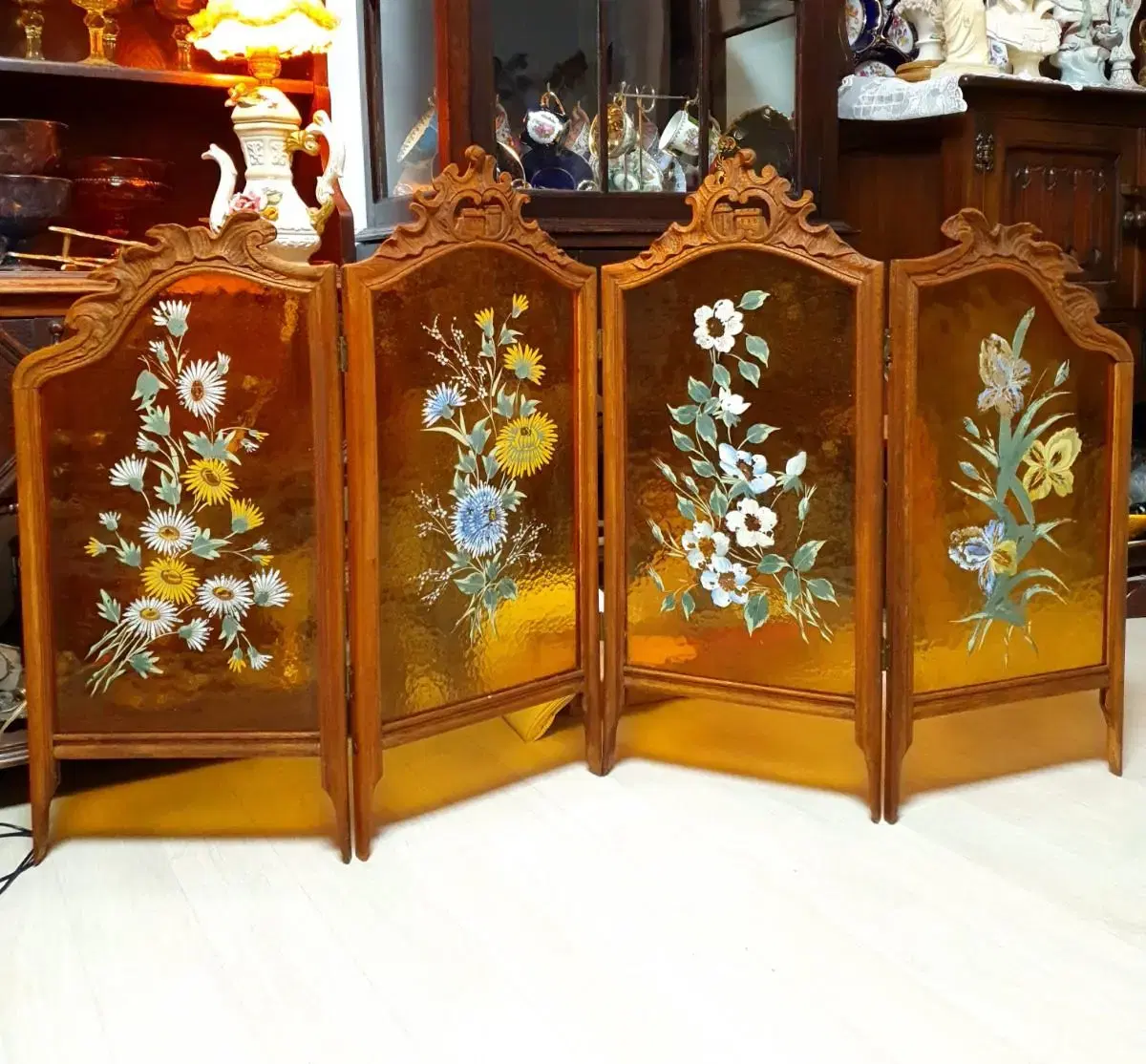 French folding antique 4-tier yuri partition (hand-painted with flowers)