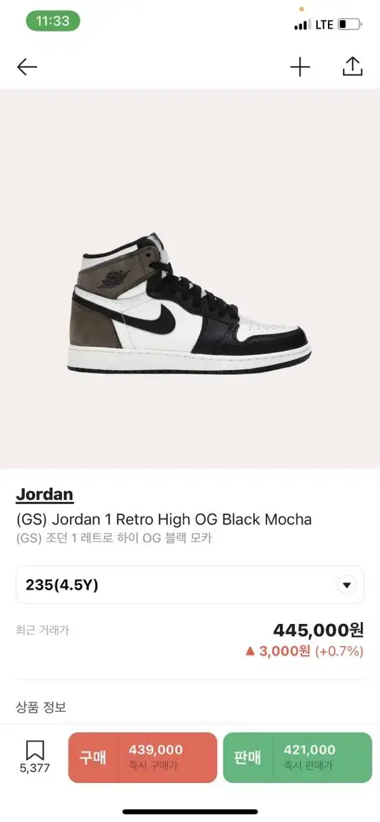 GS Jordan 1 Retro High OG Dark Mocha 235 4.5y