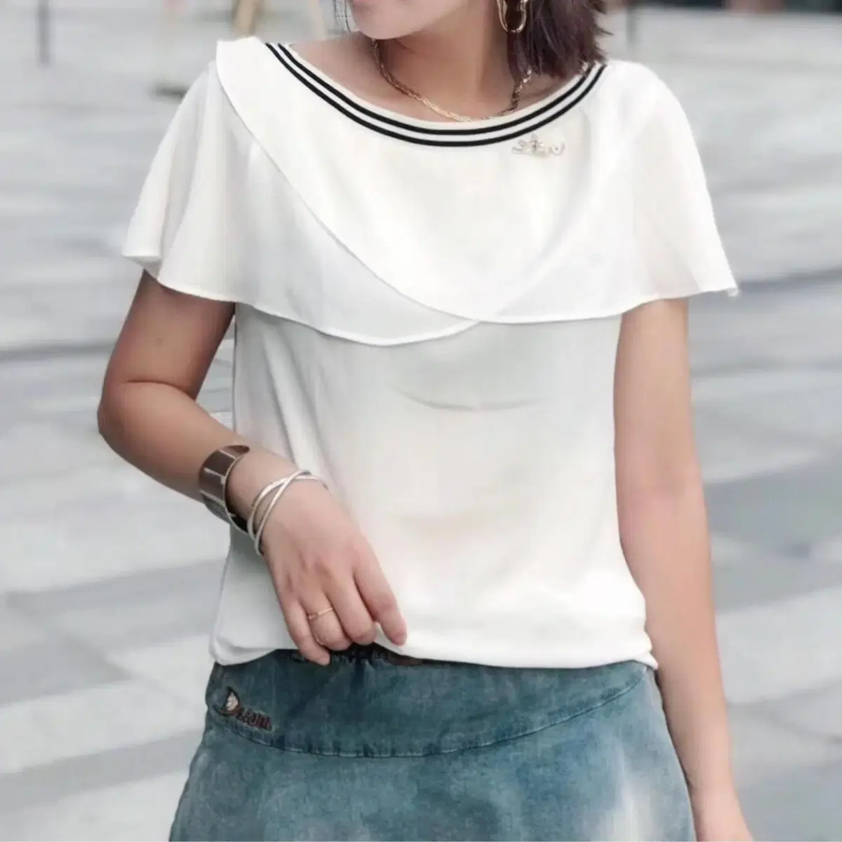 Boat-neck double cape ruffled chiffon blouse