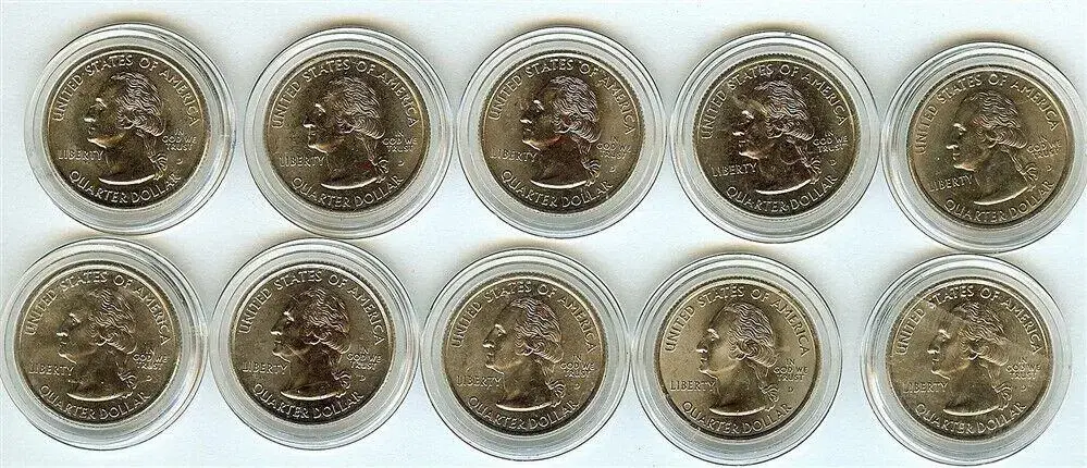 Set of 10 unused Washington State quarter dollars, USA