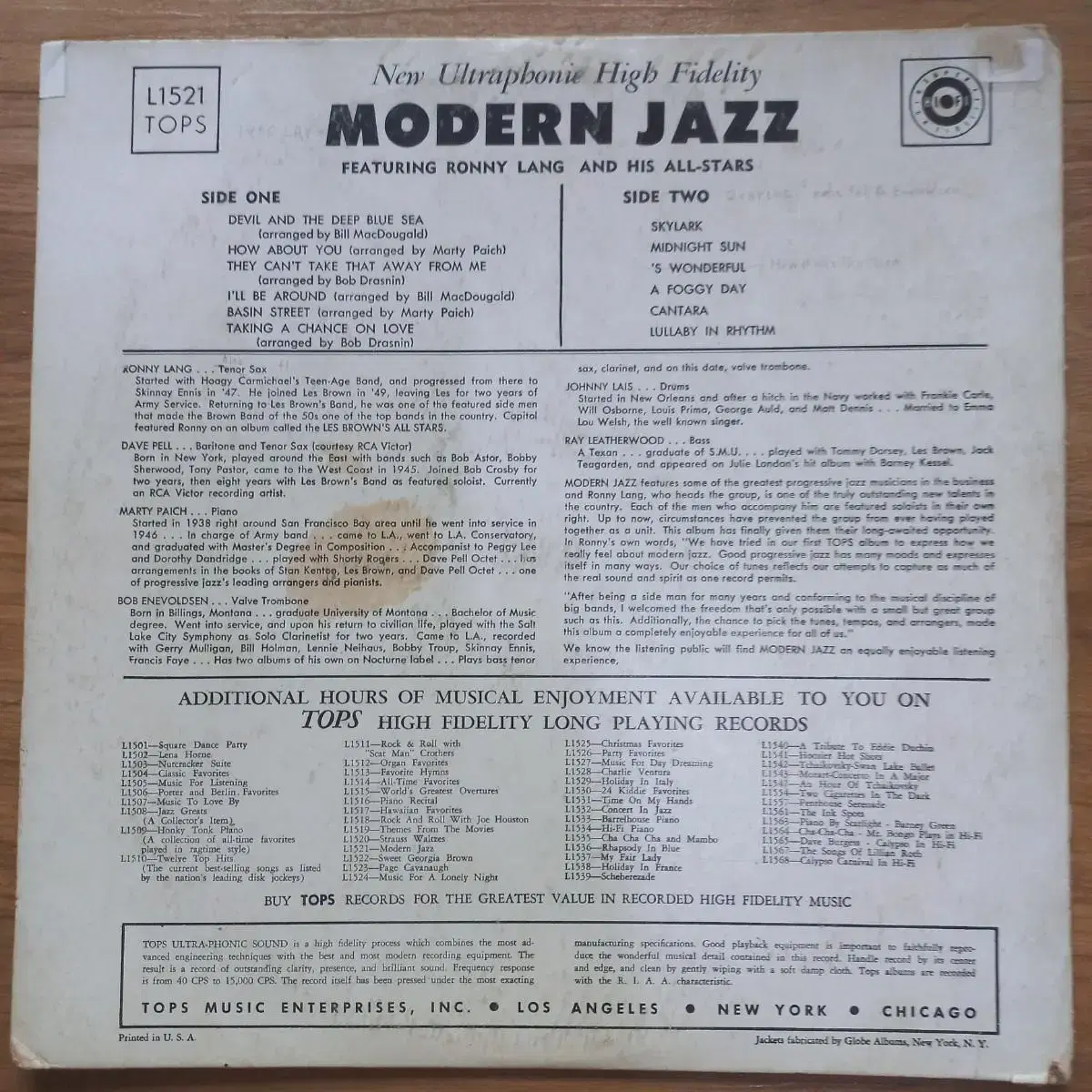 Lp중고 MODERN JAZZ RONNIE LANG 음반 판매합니다.