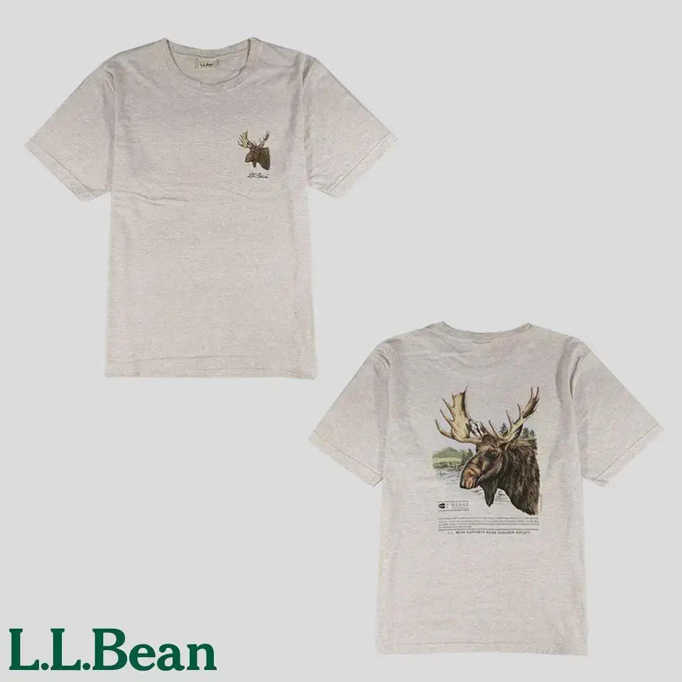 L.L BEAN Elvin Melange Gray Moose Elk Big Print Cotton Short Sleeve Tee