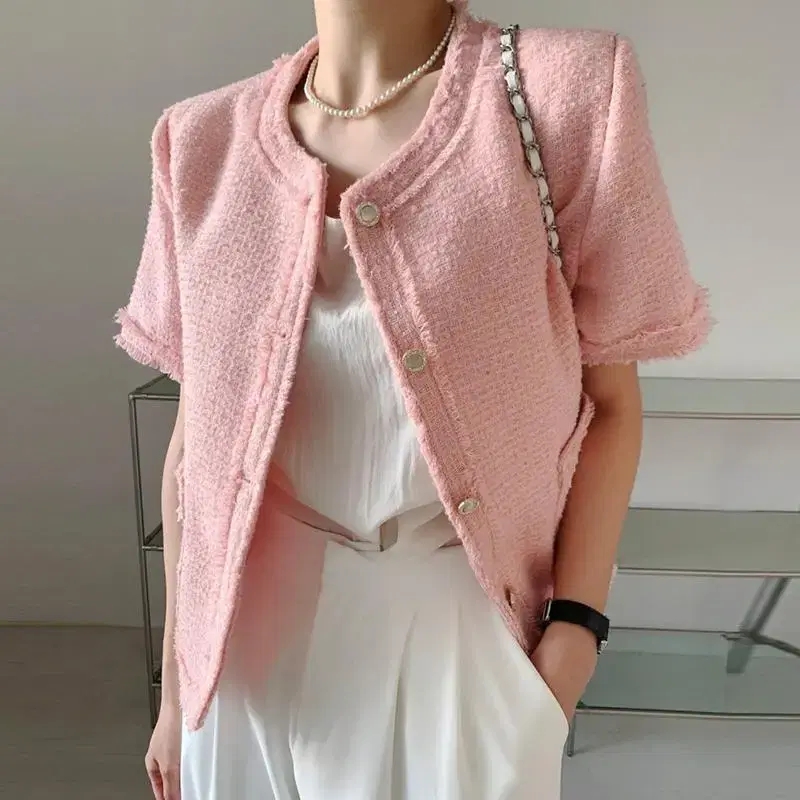 Single-breasted, short-sleeved tweed jacket (pink, white)