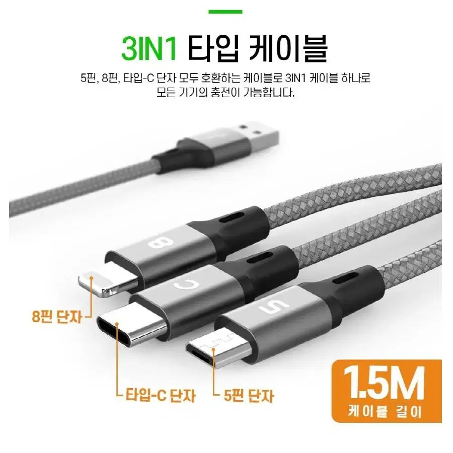 046 3in1 페브릭케이블 1.5M 충전전용 5핀/8핀/C타입