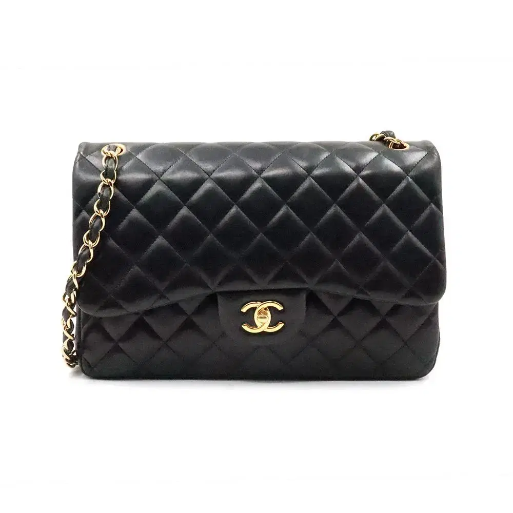 Chanel Black Lambskin Keum Chain Classic Jumbo Two-Flap Shoulder Bag No. 17