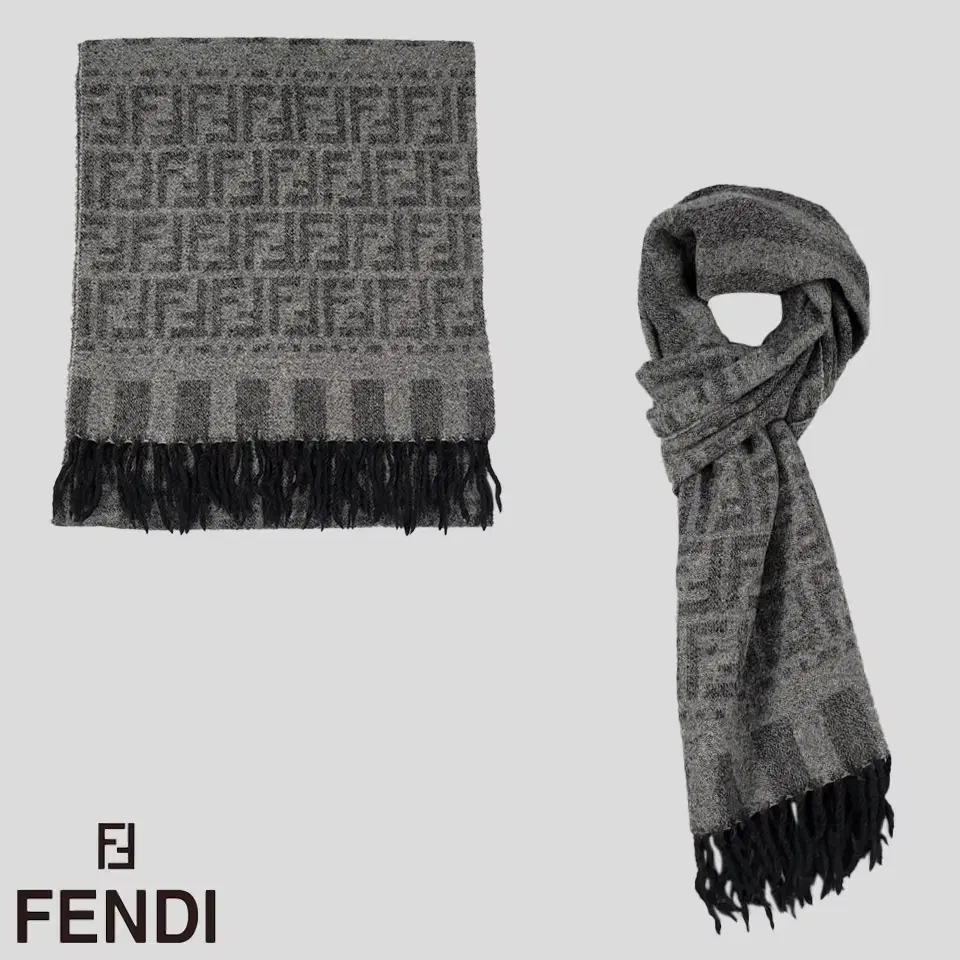 FENDI 펜디 그레이 블랙 로고 주카패턴 울100 테슬 머플러 목도리