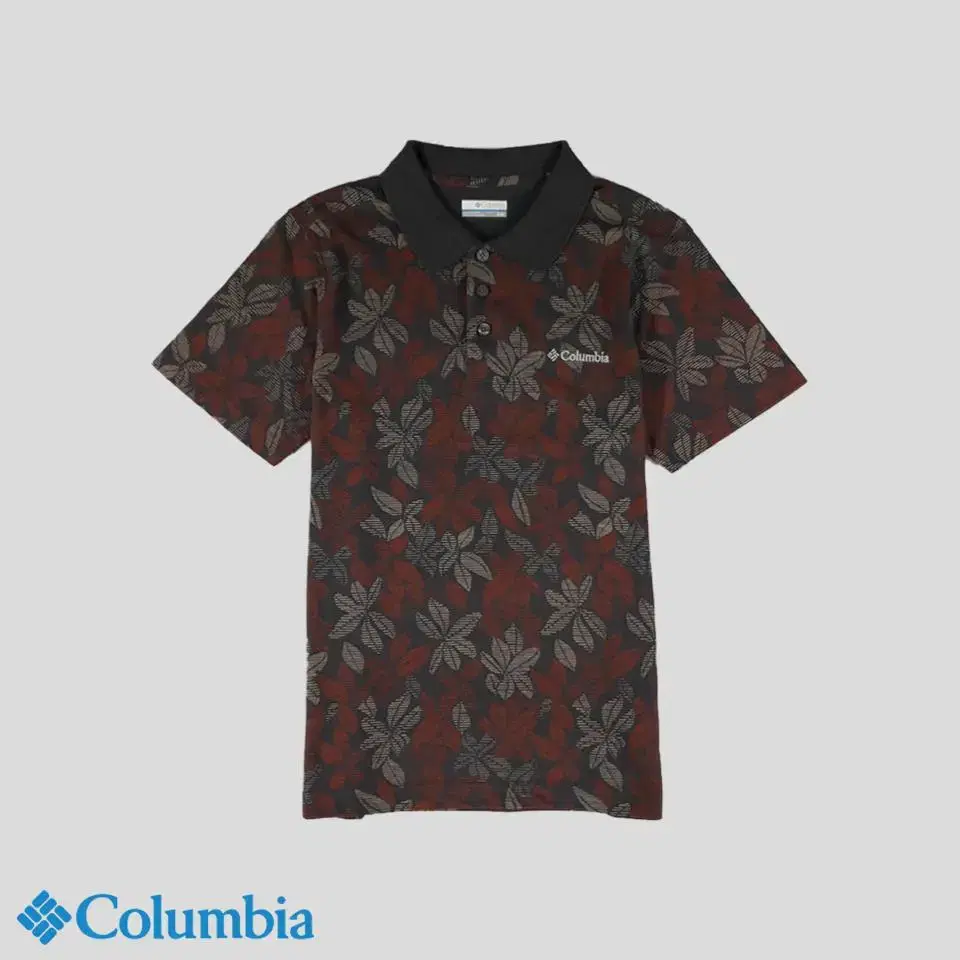 Colombia Charcoal Red Leaf Pattern Kara Neck PK Pique Short Sleeve T-Shirt SIZE S