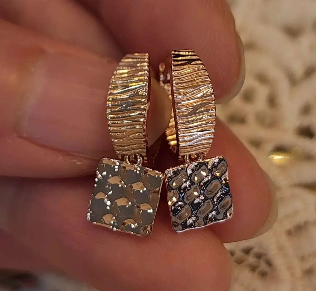 14K Cut Square One-Touch Ring Earrings