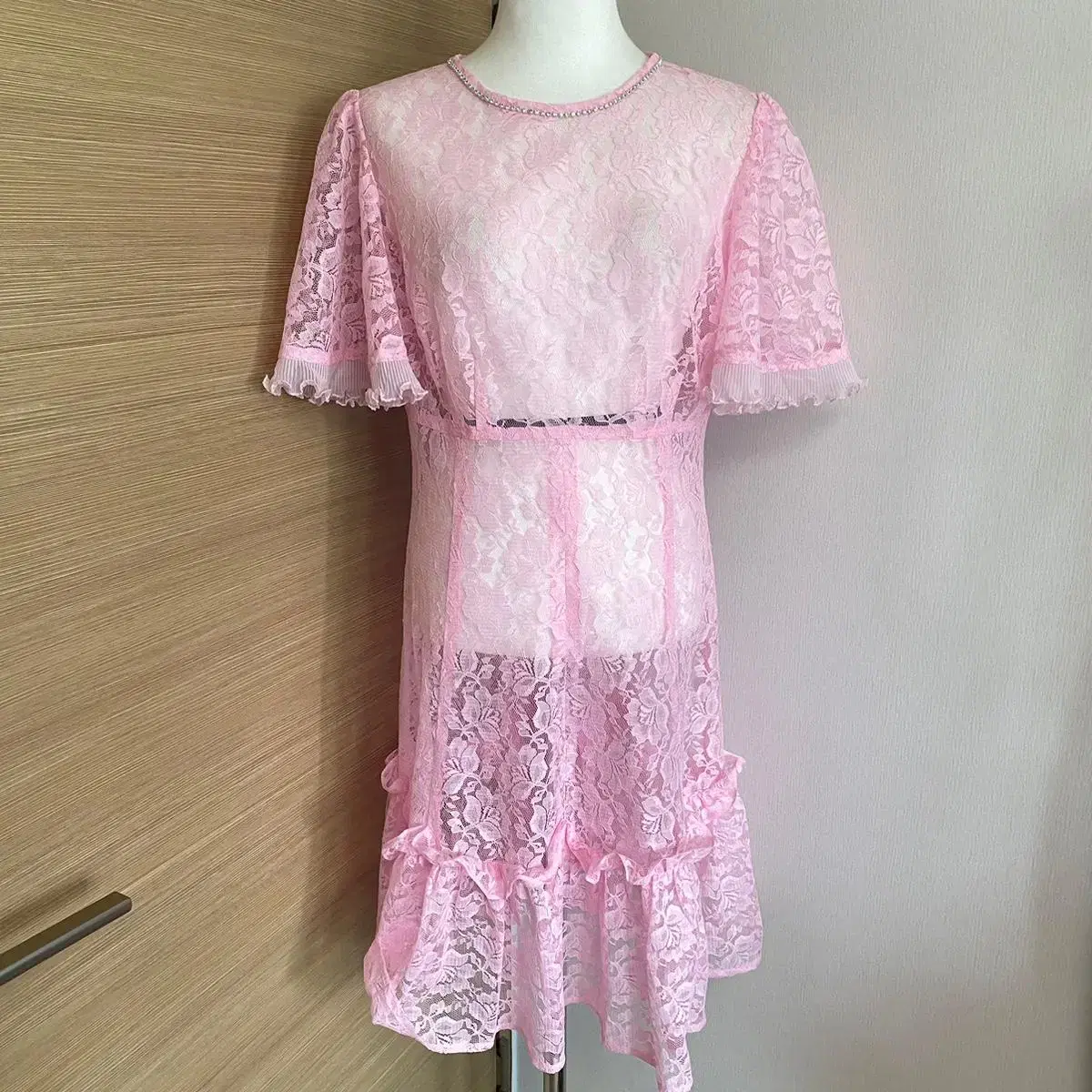 Vintage lace see-through layered ONEPIECE unique pink dress