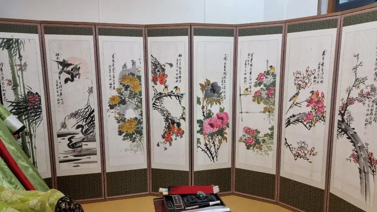 Eight-panel folding screen with peony and other flowers