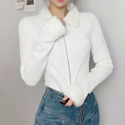 양털 소매 카라 가디건