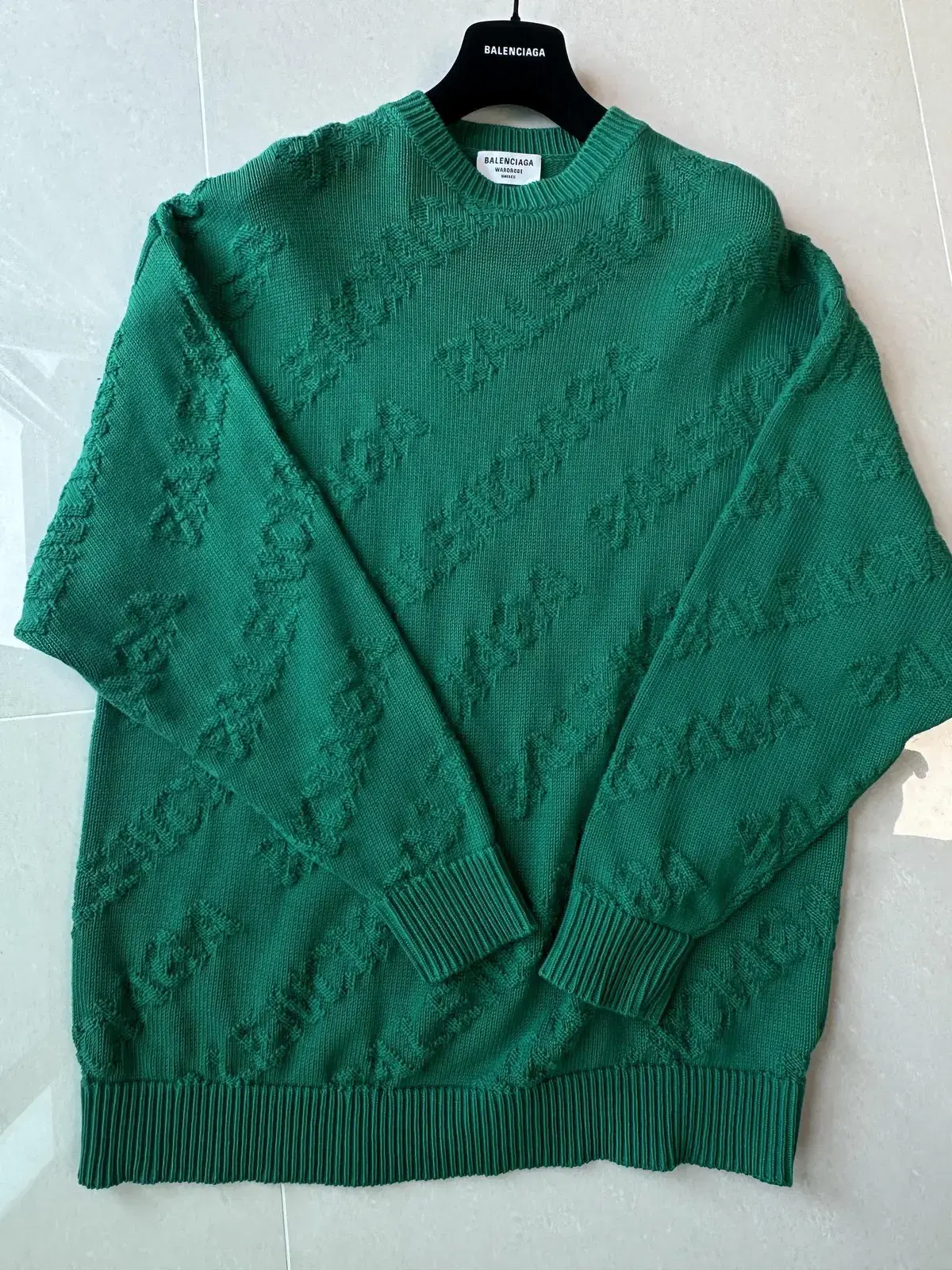 Balenciaga Logo Oversized Cotton Long Sleeve Knit Sweater Green