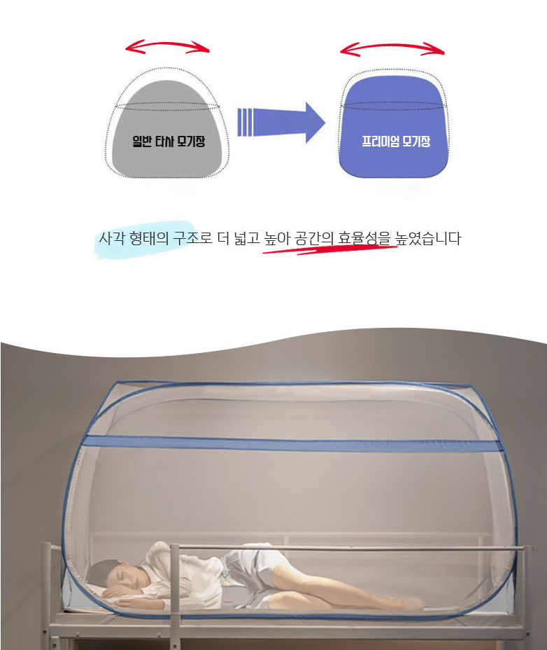 원터치 사각모기장 캠핑 텐트 슈퍼싱글 촘촘 육각망사 천장유지 범퍼 침대