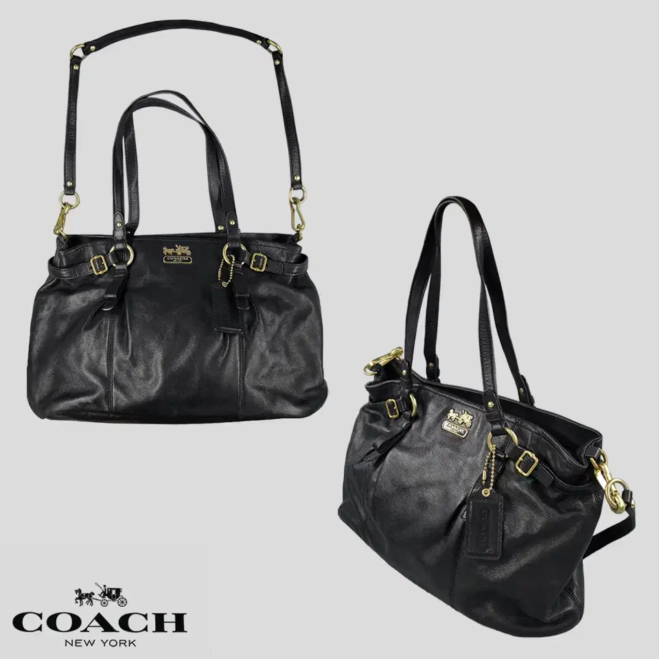 COACH 코치 블랙 골드 금장 로고 소가죽 레더 크로스 토트 투웨이백