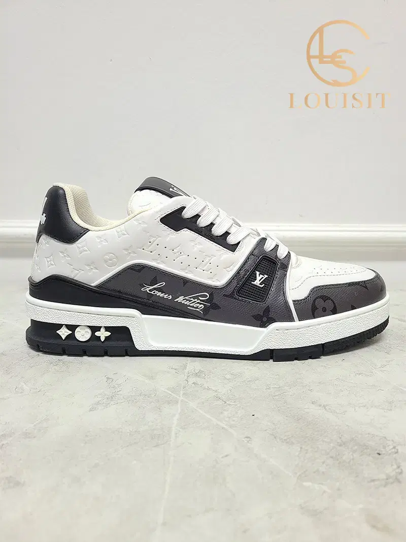 [6.5] Louis Vuitton black denim and LV trainer sneakers.