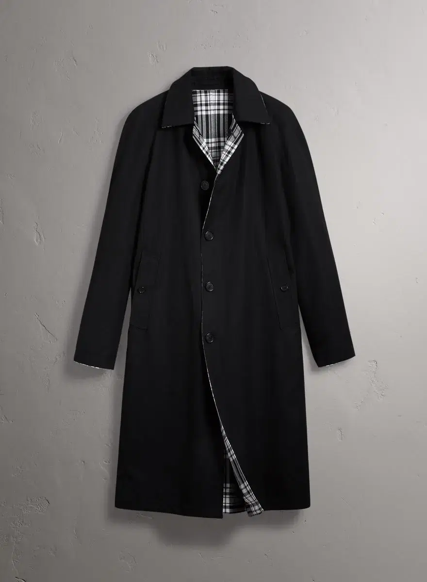 Burberry Hollins Reversible Gabardine Wool Tartan Black Car Coat Size 48