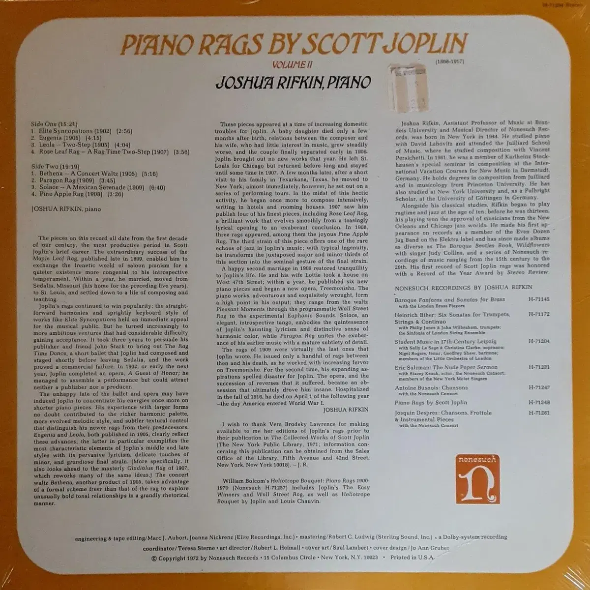 Piano Rags by Scott Joplin Vol. 2 (LP)