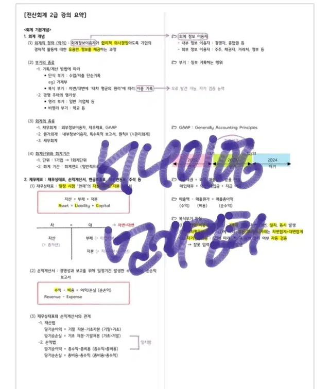 <합격후 1급도 문의오는> 박쌤 전산회계2급 요점정리 필기노트 전자책