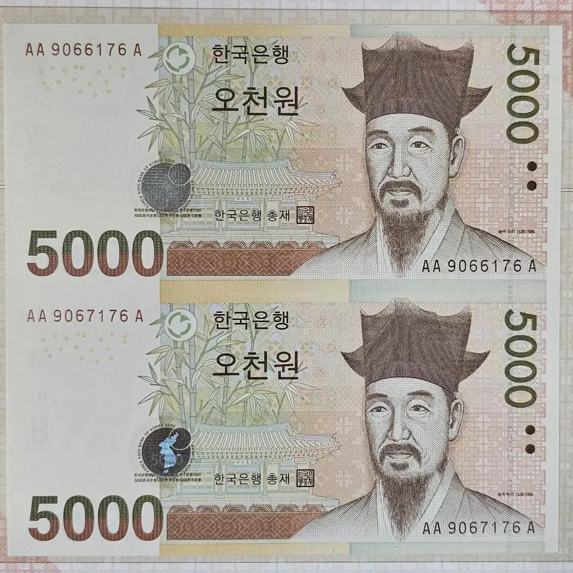 한국은행 5천 원권 2장 연결형 지폐