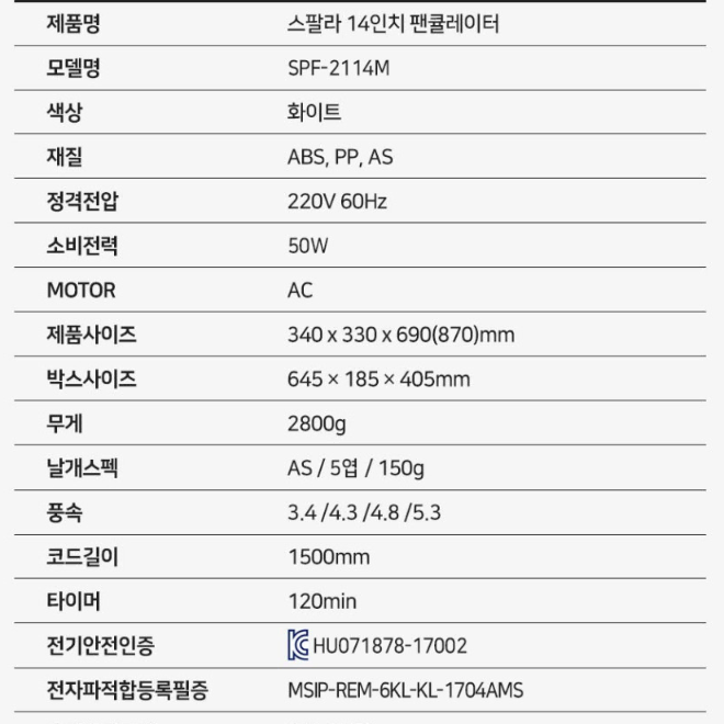 선풍기/스팔라 14인치 팬큘레이터 (새상품)