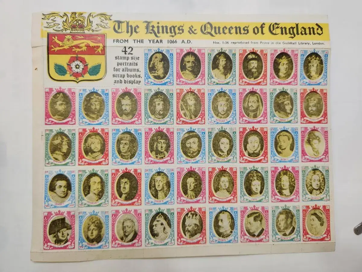 Portraits of successive British kings in the size and shape of stamps