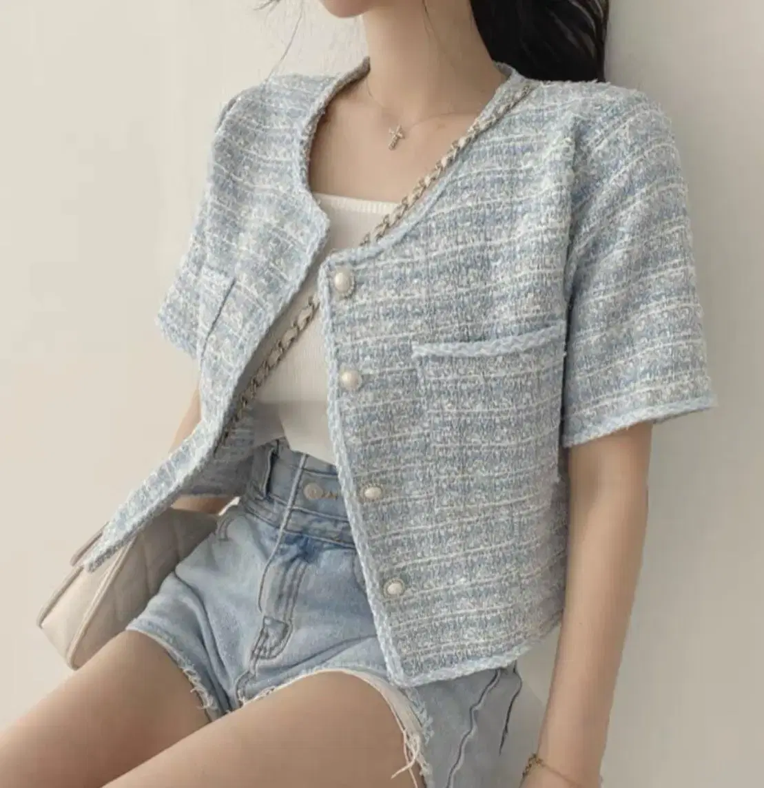 New product - Haneul-colored vahn short-sleeved tweed jacket