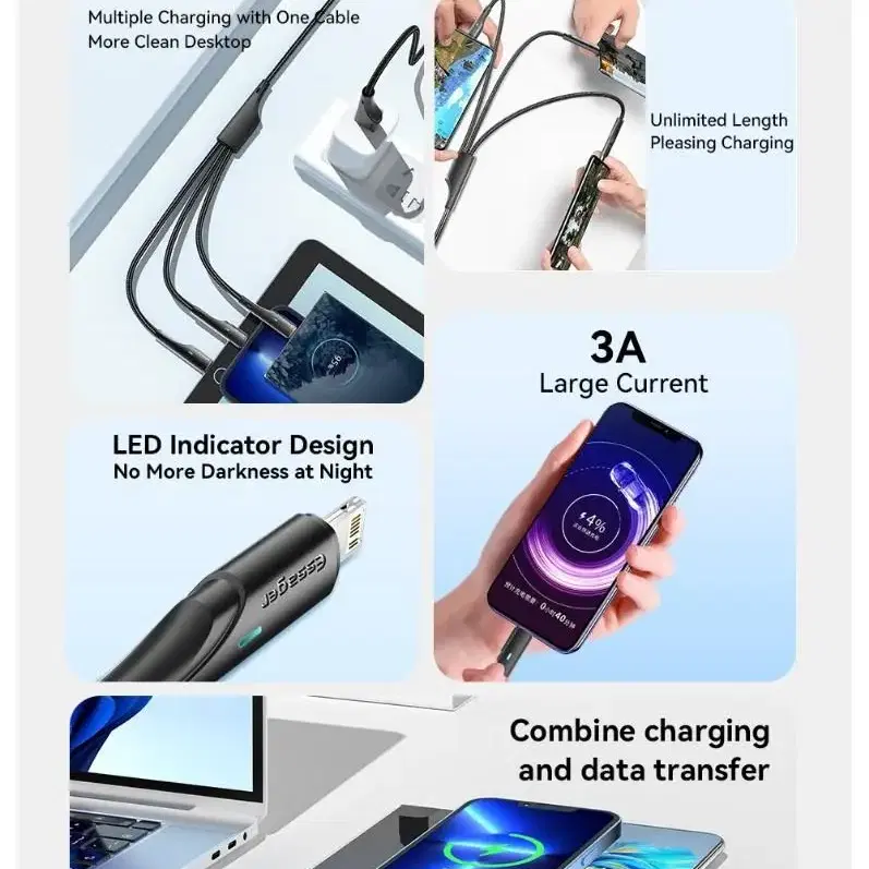 미개봉 새상품 고품질 LED 3 IN 1 USB 케이블 데이터 전송 및