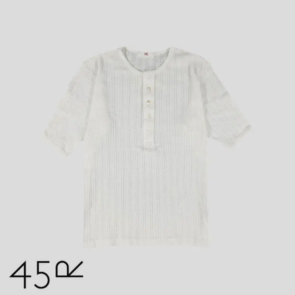 45RPM White Half-Button Round Neck semi See-Through Cotton Half-Button Short Sleeve Knit